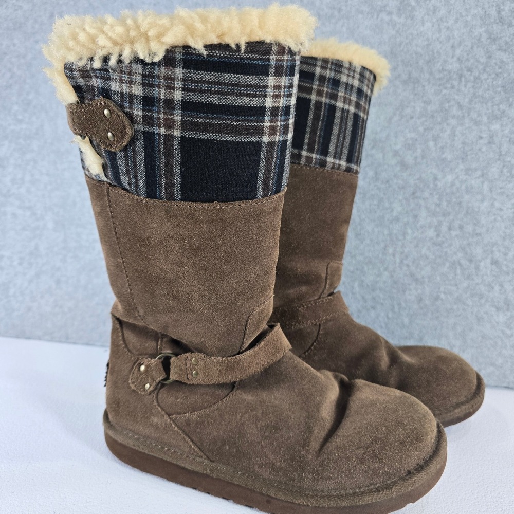 UGG Australia Girls Brown Suede Plaid Sheepskin Boots 3286 Size 3